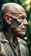 Placeholder: General, hyperrealistic, ultra HD shot of an old man with Mayan features, tribal tattoos, textured copper skin, elongated skull, tribal jewelry, large, Background of the figure in a jungle environment.