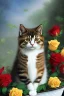 Placeholder: A young beautiful cat, portrait, is sitting in a boat, with a bunch of roses.