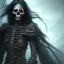 Placeholder: A skeletal man with fiery eyes, a black and leather dress, a long black cloak, a big skeletal and fiery horse, full HD, 4K, 8K, magical, fantasy, 3D,detailed and complete painting