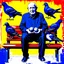 Placeholder: A digital painting in a vintage pop-art style. An elderly man sits on a wooden bench surrounded by pigeons, holding some in his hands. The scene is inspired by a black-and-white photograph but reimagined with bold pop-art colors, strong contrasts, textured brush strokes, and a retro urban atmosphere. The background features distressed textures, with warm yellows, deep reds, and teal greens, blending realism with stylized graphic design. The man’s expression remains detailed and expressive, while
