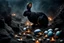 Placeholder: dark fantasy land with mystic, fog, deep cloros, burning landscape with mist, dark fantasy plants, silver and onix crystal eggs lying in sand, pale lights, rocks, weird surreal big dark rabbit-bird mutants, dark fantasy mood, sureal, high quality, high contrast, cinematic, atmospheric, weird mood