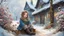 Placeholder: winter, (1girl ), (sitting:1.1), (medium full shot), children's storybook style, background (village), filigree, flowers, hyper-realistic painting, Jean-Baptiste Monge style, surrealistic, fantasy, digital art, wlop, Artgerm and James Jean, bright colors, muted colors, watercolor style