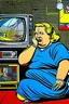 Placeholder: fat woman sitting on sofalistening to radio watching tv news in a room with signs of propaganda in the style of roy lichtenstein