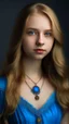 Placeholder: bleu dress , Age 24, girl, white Complexion, brown eyes, almond eyes shape, long hair, blonde silky hair, square face, button nose,bleu necklace