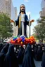 Placeholder: 200 ft tall floating cartoonish jesus parade balloon pulled by multiple grim reapers, multi colored, bright, vivid, psychedelic, high detailed, high gloss, insanely detailed, matte, horrorcore, lining the street, unsettling contrast, monument to death, live action shot grim reaper parade, pulling a jesus parade float