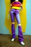 Placeholder: Photograph of a woman. Low waist jeans! bright blue jean,baggy, 1996!Huge plant prints on denim,terracotta,cream,purple,lilac. Cream colored latex parts. imperial yellow, red plum stripes, only on the top half of t-shirt. European daft punk woman. Mantle is sewed of recycled Denim and sewed together of recycled polymer felt. lace, Yellow(Munsell) areas. hint of orange as effect color!!Big bright purple/khaki felt tippet and cream or blue or lilac colored-hood. mantle is merged with cobalt bole