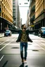 Placeholder: un hombre con los brazos abiertos en una calle de una ciudad. fotografía realizada con cámara Leica y objetivo de 50 mm. fotografía en color