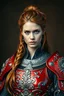 Placeholder: A striking winking woman in ornate, ceremonial armor. A woman with big boobs , topaz eyes determined expression stands before a backdrop of moody, brown-tinted lighting. Her long, ginger hair is styled in a braided updo, framing her face and commanding presence. The armor is a stunning blend of intense red hues and gleaming silver accents, adorned with intricate floral motifs that convey a sense of both strength and elegance. The overall impression is one of a formidable warrior.