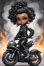 Placeholder: Create a digital airbrush illustration of a chibi cartoon full figure black female riding a sports motorcycle. She is wearing tie dye and black tights with biker boots. Prominent make up with log lashes and hazel eyes. Extremely highly detailed black shiny wavy hair up in a messy bun. Background of smoke surrounding her and the bike and she's at a bike show.