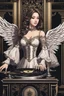 Placeholder: Photograph front view half body excellent realistic portrait Beautiful Angel straddle wings ,she playing music turntable ,wearing luxury Victorian gown,at club disco party