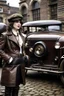 Placeholder: young woman with straight shoulder-length hair, dressed in brown leather trousers and waistcoat, leather gloves and a fascinator in an old industrial courtyard, next to a steampunk steam car