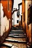 Placeholder: an old narrow and meandering stepped street in a picturesque town, steps are made of dirty old black and white (piano keyboards,:1.6) watercolor over photography, tint leak, ink leak, colors of rust and warm grey and dirt of age, aged peeling walls, sad vibe