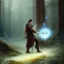 Placeholder: romantic fantasy spray painting, william Turner, watercolor, dark robed poet playing lute in magical forest, movie poster