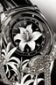 Placeholder: Black wristwatch Embellished with silver With a silver lily flower White background