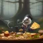 Placeholder: A Plague Doctor (AND) a Mouse having a port & cheese party in a forest of mushrooms by a river, art by Pixar and Dreamworks