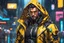 Placeholder: David with Body parts mechanism in 8k 2D anime realistic drawing style, cyberpunk them, yellow jacket, neon effect, close picture, rain, highly detailed, high details, detailed portrait, masterpiece,ultra detailed, ultra quality