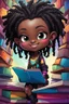Placeholder: A sassy futurism ABSTRACT colorful art cartoon black chibi girl troll LOOKING DOWN, surrounded by colorful BOOKS. Looking up coyly, she grins widely, showing her Teeth. Highly detailed black shiny dread locs , regal expression.