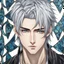 Placeholder: A stunningly detailed (((headshot portrait))), capturing the essence of a young man in his 20s with silver hair and piercing gray eyes, exuding a sense of confidence and protection, anime realism style, intricate mosaic backdrop