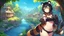 Placeholder: Girl, open navel, black hair, orange eyes, forest, river,house by river, collar on neck, raccoon ears, raccoon tail, raccoon muzzle on face, raccoon nose.