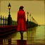 Placeholder: Painting of a woman wearing a long red coat and brown leather boots walking on a pier, inspired by John Atkinson Grimshaw, inspired by Jacob Schikander, inspired by John Petty, by a pier, Carl Critchlow. Moody, John Capel, by Jacob Schikander, by John Atherton, by John Alexander, by Eamon Everell, by John Laurie Morrison, Waves breaking on the pier, in the background a full moon shining in yellow light, A thick mist rises from the water