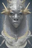 Placeholder: black male African Egyptian alien, cracks in the voodoo head, wicked, eyes, crown, Elephant, 8k, finely detailed, photo realistic, tiger turquoise skull head gold dragon space alien snow skeleton gold teeth silver crown silver space face mask