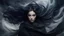 Placeholder: a girl with hair and flower on her forehead, in the style of eerie dreamscapes, flowing fabrics, t romantic windblowing, swirling hair, Windy, swirling dark style Dark, misty, fantasy Dark, Texture, eerie, macabre, black smoke, ultraclear image"