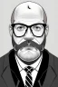 Placeholder: black and white,real estate agent,bald white male with thick grey beard,55 years old,metal wire frame glasses,, necktie,portly,detailed drawing,white background