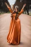 Placeholder: very beautiful ukrain lady wearing orange pretty maxi flared dress with hair silver crown ,standing idle pose