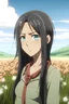 Placeholder: Attack on Titan screencap of a female with long, black hair, black eyes and a sweet, innocent face. Beautiful background scenery of a flower field behind her. With studio art screencap.