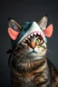 Placeholder: cat with shark mask in the style of japanese shepard fairy