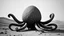 Placeholder: This is a black and white photograph featuring a surreal, abstract scene. The central subject is an octopus-like creature with an egg-shaped body, resembling a smooth, rounded shell. It has eight long, spindly legs, each ending in a cluster of smaller, bulbous appendages. The texture of the creature's body and legs is rough and uneven, giving it a somewhat organic yet alien appearance. The background is a barren, rocky landscape with faint, misty hills or mountains in the distance, creating a se