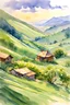 Placeholder: green tea plantain hills, beautiful view, morning light, watercolor painting , pen line sketch and watercolor painting ,Inspired by the works of Daniel F. Gerhartz, with a fine art aesthetic and a highly detailed, realistic style