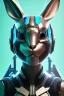 Placeholder: Portrait Sweet Rabbit ceramic mask, angry, cyan suit, cyberpunk, photo studio, black background, unreal engine 5, concept art, ray tracing, lumen lighting, ultra detail, volumetric lighting, 3d.