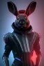 Placeholder: MCU Portrait, Front image, cyberpunk rabbit woman, mask, black red color, latex suit, photo studio, highly detailed, concept art, smooth, unreal engine 5, god rays, ray tracing, RTX, lumen lighting, ultra detail, volumetric lighting, 3d, finely drawn, high definition, high resolution.