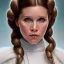 Placeholder: death star frame, complete and photo realistic detailed head to waist stunning photo realistic portrait of young carrie fisher as Princess Leia in star wars with photo realistic hairstyle by Mandy Jurgens and mucha and Richard Schmid and chuck close and chie yoshii, extraordinary and detailed ceremony dress of star wars,brown eyes