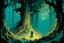 Placeholder: create a wildly conceptual illustration of sorceress coven gathering in an ethereal, otherworldly , darkened, ancient forest draped in hanging moss and climbing vines, in the comic book art style of Bill Sienkiewicz, Mike Mignola, Sparth, and Jean Giraud Moebius, finely drawn, colored and inked, suffused with dramatic natural light and shadow under a midnight blue moon