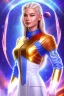 Placeholder: cosmic young woman admiral from the future, one fine whole face, large cosmic forehead, crystalline skin, expressive blue eyes, blue hair, smiling lips, very nice smile, costume pleiadian, rainbow ufo, Beautiful tall woman pleiadian Galactic commander, ship, perfect datailed golden galactic suit, high rank, long blond hair