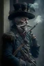 Placeholder: 70 years old victorian bloodborne soldier with a musket and smoking a cigarette