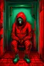 Placeholder: A scary gothic person sits quietly in the middle of a soundproof, padded room conveying intense dramatic emotions in a muted environment, wearing a bright red straitjacket , a mask to cover the mouth area of cannibal evil scary, dark and gothic look, cold eyes, eary ultra detailed,.32k, digital art style with messy paint, hardened sealer appearance, impasto, dramatic Arial view with explosive chaotic background