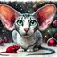 Placeholder: Surreal mixed-media combining wet watercolor, tempera paint, and fine line pen drawing of a wedge shaped face, large ears, green eyed, blue and white mackerel tabby, Oriental Shorthair and a chocolate point Siamese cat sitting together on a blanket with toy red mouse and at xmas time