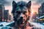 Placeholder: double exposure, Wolf Man, man, city, sunset, snow, rain, fantasy, mystical, tattoo, vertical pupils, high detail, high resolution, 8K