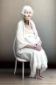 Placeholder: an old wrinkled woman sitting on a wooden chair, half dressed in dropped cloth, she is on display in a high end white art gallery, she is quite and no emotions, the original painting of Venus is on display on the wall, .ultra realistic photo,. highly detailed 32k, strange and weird modern art creation, surrealistic image