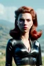 Placeholder: retro portrait image from 1960, sky background, wind, long red hair, fighting stance, sweet young Scarlett Johansson, black dress, classic tight lycra black suit, weapon, gold bracelet and belt, high heel boots, soft color, highly detailed, unreal engine 5, ray tracing, RTX, lumen lighting, ultra detail, volumetric lighting, 3d, finely drawn, high definition, high resolution.