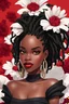 Placeholder: create a magna cartoon style image with exaggerated features, 2k. with a black woman wearing a black off the shoulder blouse, ombre dread locs, background of white, black and red large flowers