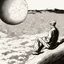 Placeholder: a alone man. pen and ink, birds eye view, illustrated by hergé, Background space and earth