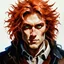 Placeholder: dnd, fantasy, watercolour, portrait, illustration, dull colours, male, face, green eyes, determined, happy, red hair, very long hair, radiating light, five o'clock shadow