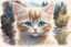 Placeholder: vibrant sketch, cute chibi blue eyed blonde-brown haired cat in Plitvice S<AI in sunshine, shading pastel and charcoal