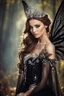 Placeholder: Gorgeous Real Photography Beautiful Super Model European woman dressing luxury Beautiful Lady Fairy with black wings,diamonds jewelry,wonderland background