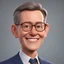 Placeholder: a portrait of smiling wise western man. 40 years old. caricature. gray short hair. light skin. wide forehead. light brown eye pupils. elips eyeglasses, thin silver frame. oblong face shape. wear navy blue formal dress. pixar style. 3D. 4k. portrait. highly detailed. sharp focus. high resolution. full color. cinema lighting. with food background