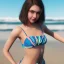 Placeholder: girl look beautiful wear swimsuit in beach full body, close-up, short hair, smile, 8k ,rtx ,eyebrows like serious,facing left, hyper realistis